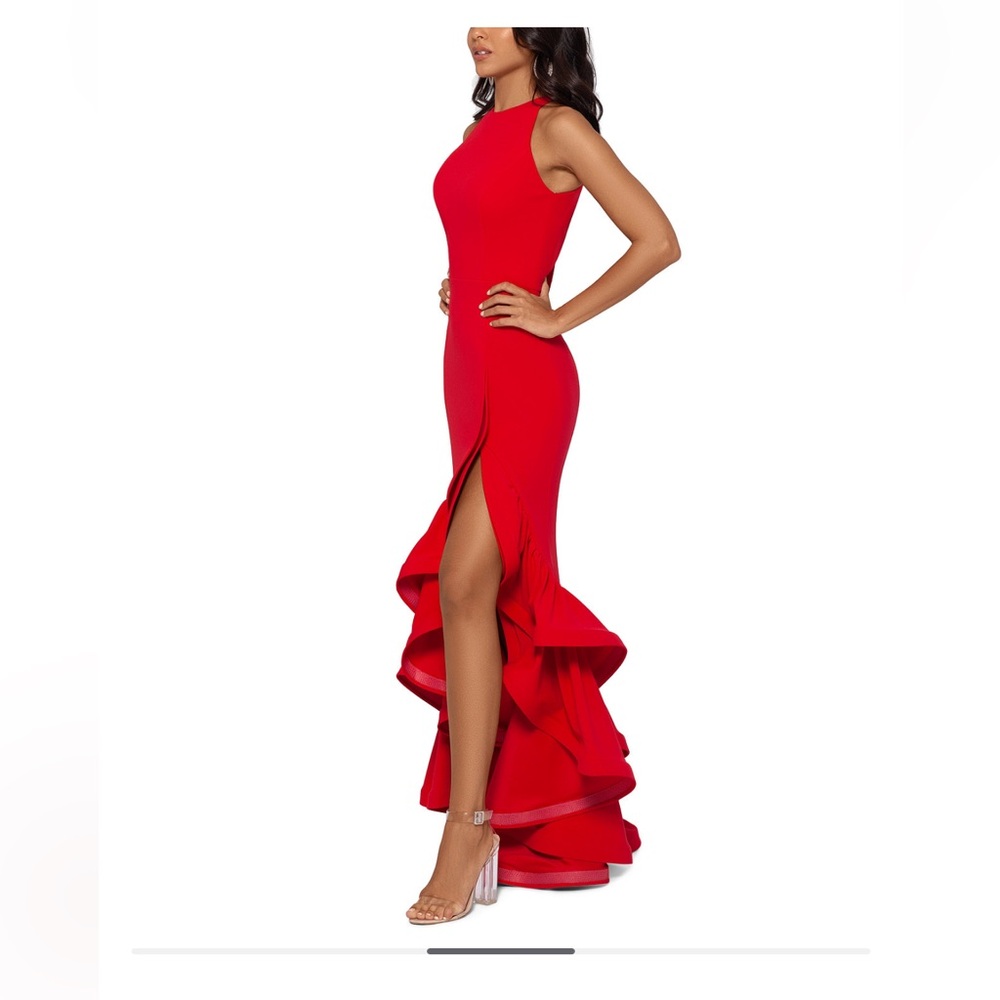 Betsy & Adam Red Asymmetrical Ruffled Halter Gown - Picture 4 of 9